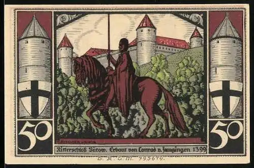 Notgeld Bütow, 50 Pfennig, Ritterschloss Bütow mit Reiter und Stadtbank Wappen, 50er Seriennummer 795679 und 007906