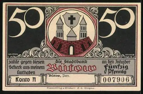 Notgeld Bütow, 50 Pfennig, Ritterschloss Bütow mit Reiter und Stadtbank Wappen, 50er Seriennummer 795679 und 007906