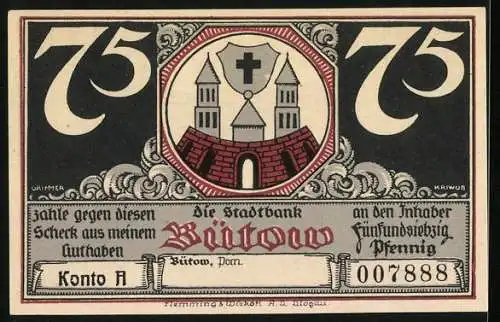 Notgeld Bützow, 75 Pfennig, Bergkirche und Stadtwappen der Stadtbank, 007888