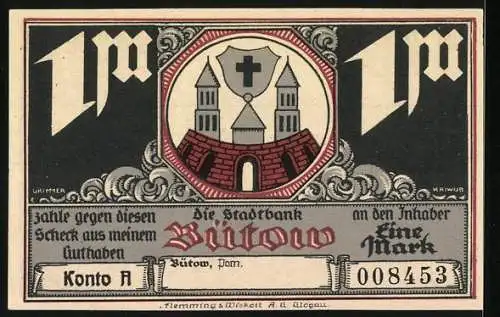 Notgeld Bütow, 1 Mark, Tischlerei und Baugewerbe mit Stadtmotiv und Stadtbank Logo