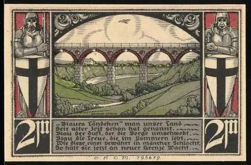 Notgeld Bützow, 1921, 2 Mark, mit Viadukt, Rittern und Stadtwappen