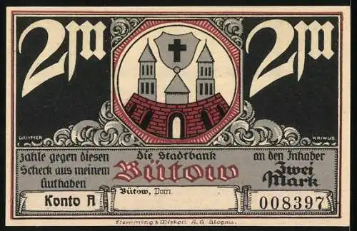 Notgeld Bützow, 1921, 2 Mark, mit Viadukt, Rittern und Stadtwappen