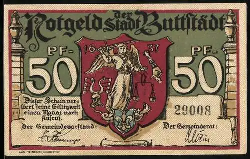 Notgeld Buttstädt, 50 Pfennig, Kornmarkt mit Rathaus Zeichnung, Wappen mit Justitia, 1937