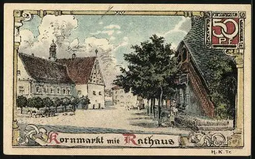 Notgeld Buttstädt, 50 Pfennig, Kornmarkt mit Rathaus Zeichnung, Wappen mit Justitia, 1937