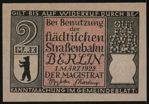 Notgeld Berlin 1922, 2 Mark, Erste elektrische Strassenbahn in Charlottenburg 1882, gültig für die städtische Strassenbahn