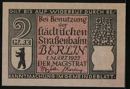 Notgeld Berlin 1922, 2 Mark, erste Benzindroschke in Berlin und Text zu Strassenbahn auf Rückseite