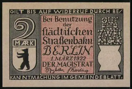 Notgeld Berlin, 1922, 2 Mark, Verkehr am Halleschen Tor und Nutzung der städtischen Strassenbahn