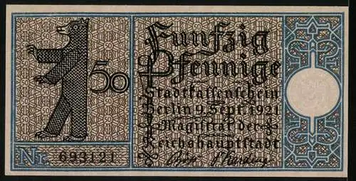 Notgeld Berlin 1921, 50 Pfennig, Dampfschiff der Linie Zelten-Charlottenburg, Bär und Schriftzüge