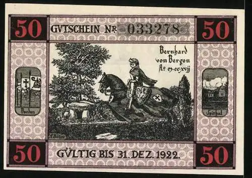 Notgeld Bergen an der Dumme, 1922, 50 Pfennig, Gültig bis 31. Dez. 1922, mit Bernhard von Bergen auf der Rückseite