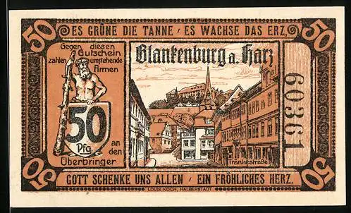 Notgeld Blankenburg a. Harz 1920, 50 Pfennig, Stadtansicht und Liste von Unternehmen