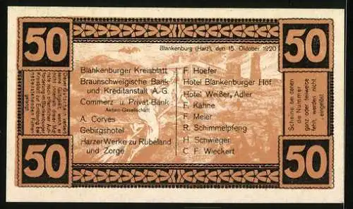 Notgeld Blankenburg a. Harz 1920, 50 Pfennig, Stadtansicht und Liste von Unternehmen