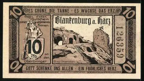 Notgeld Blankenburg, 1921, 10 Pfennig, Burg Regenstein-Abbildung, Firmen- und Hotelsliste