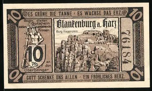 Notgeld Blankenburg a. Harz, 1921, 10 Pfennig, Burg Regenstein und Firmenliste, Serie 76184