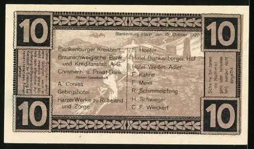 Notgeld Blankenburg a. Harz, 1921, 10 Pfennig, Burg Regenstein und Firmenliste, Serie 76184