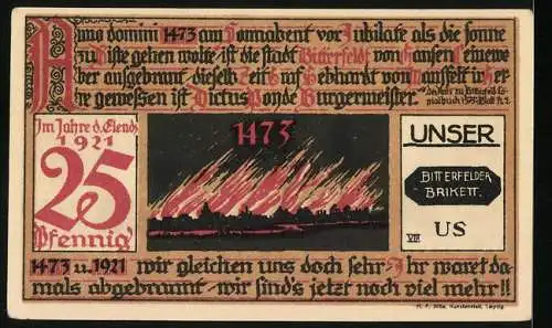 Notgeld Bitterfeld, 1921, 25 Pfennig, Stadtpfarrkirche und Feuer von 1473