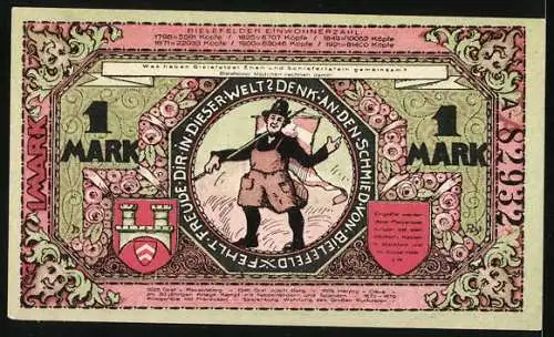 Notgeld Bielefeld, 1921, 1 Mark, 700 Jahrfeier der Stadt, Stadt-Wappen und historische Stadtansicht