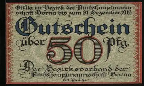 Notgeld Borna 1919, 50 Pfennig, Gutschein der Amtshauptmannschaft mit Burgmotiv, Reihe A