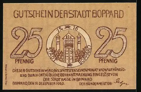 Notgeld Boppard 1920, 25 Pfennig, historischer Turm und Stadtwappen
