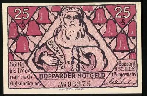 Notgeld Boppard, 1921, 25 Pfennig, Bopparder Notgeld mit Boppard Stadtmotiv und Spruch