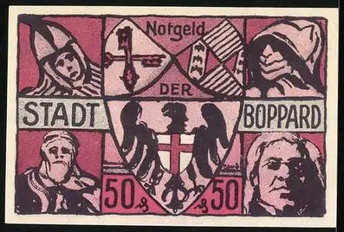 Notgeld Boppard 1921, 50 Pf, Stadt Boppard, historische Gebäude und Wappen, gültig bis 1 Monat nach Aufkündigung