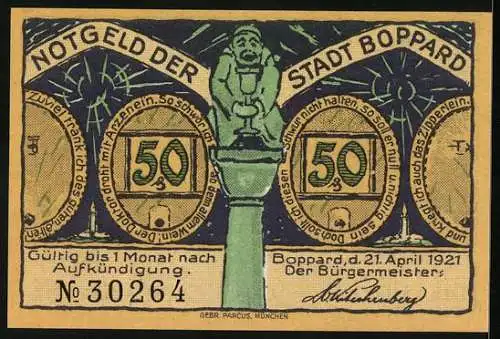 Notgeld Boppard, 1921, 50 Pfennig, Stadt Boppard am Rhein, Illustrationen mit Ruderern und Statue