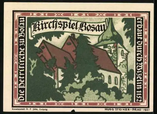 Notgeld Bosau 1921, 50 Pfennig, Vorderseite Fachwerkhaus mit Bäumen, Rückseite Kirche