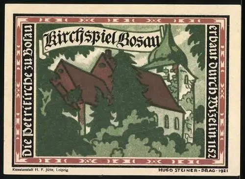 Notgeld Bosau, 1921, 1 Mark, Kirche und Landschaft mit Bäumen, Rückseite zeigt Kirchspiel Bosau