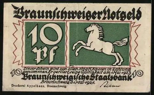 Notgeld Braunschweig, 1921, 10 Pf, Mann mit Eule und Pferd - Braunschweiger Staatsbank