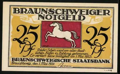 Notgeld Braunschweig, 1921, 25 Pf, Vorderseite Schloss Blankenburg, Rückseite Braunschweiger Staatsbank und Pferd