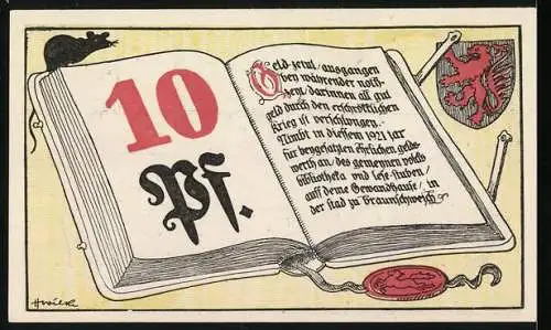 Notgeld Braunschweig, 1921, 10 Pfennig, Porträt und Szene aus Minna von Barnhelm mit Zitat, Buch mit Text