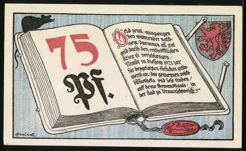 Notgeld Braunschweig, 1921, 75 Pf., Porträt eines Mannes und Stadtansicht auf der Vorderseite, Buch mit Text und Wappen