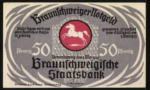 Notgeld Braunschweig 1921, 50 Pfennig, Altstadtmarkt mit Brunnen und Skulpturen, Rückseite Braunschweigische Staatsbank