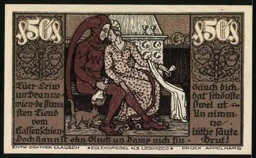 Notgeld Braunschweig 1923, 50 Pfennig, Braunschweigische Staatsbank, Pferd und Eulenspiegel als Liebhaber