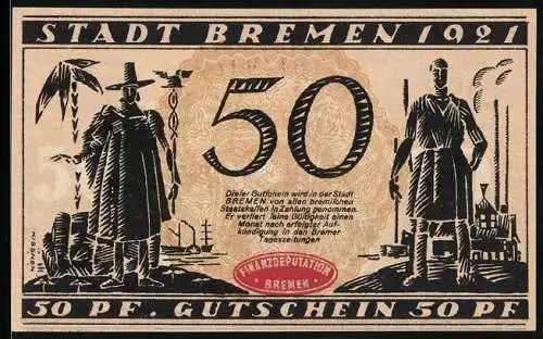 Notgeld Bremen 1921, 50 Pf, Frontansicht mit zwei Figuren und Rückansicht Stadtansicht