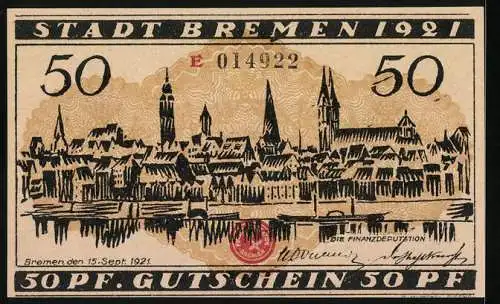 Notgeld Bremen 1921, 50 Pf, Frontansicht mit zwei Figuren und Rückansicht Stadtansicht