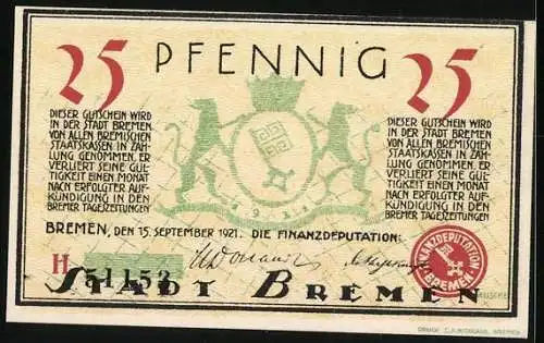 Notgeld Bremen 1921, 25 Pfennig, Der Alte Domshof, Stadtwappen und Verordnungstext