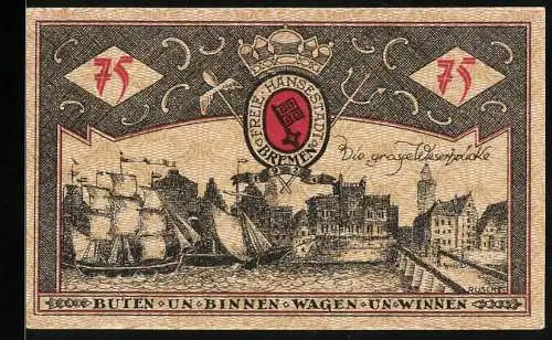 Notgeld Bremen 1921, 75 Pfennig, Stadtansicht mit Segelschiff und Stadtwappen