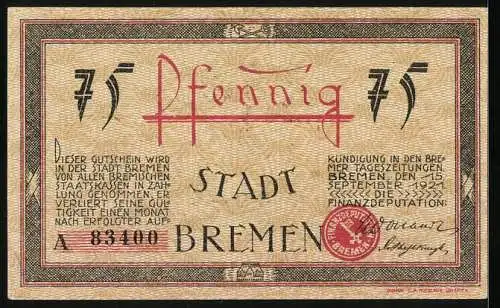 Notgeld Bremen 1921, 75 Pfennig, Stadtansicht mit Segelschiff und Stadtwappen