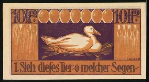 Notgeld Brehna, 1921, 10 Pfennig, Stadtwappen und Ente auf Rückseite, Sieh dieses Tier o welcher Segen