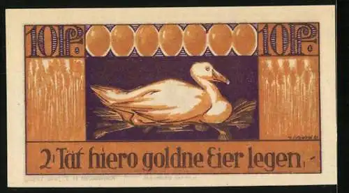 Notgeld Brehna 1921, 10 Pfennig, Stadtwappen mit Ritter auf Pferd und Ente mit goldenen Eiern