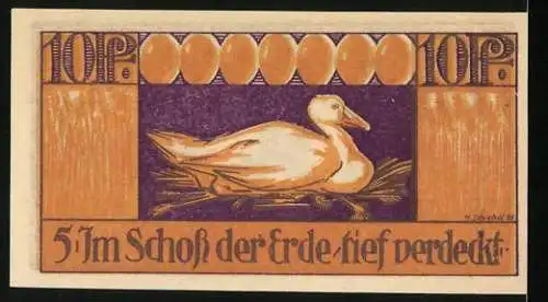 Notgeld Brauna, 1921, 10 Pfennig, Reiter und Ente auf Nest, Im Schoss der Erde tief verdeckt