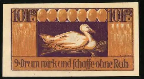 Notgeld Brehna 1921, 10 Pfennig, Vorderseite Ritter auf Pferd, Rückseite Ente auf Nest