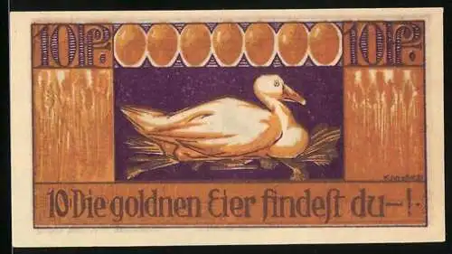 Notgeld Brehna, 1921, 10 Pfennig, Ente auf Nest und Ritter zu Pferd