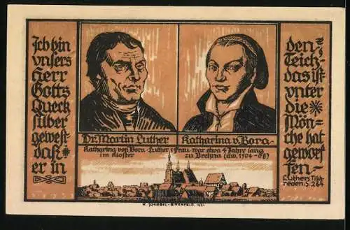 Notgeld Breslau, 1921, 50 Pfennig, Darstellungen von Stadtturm und Martin Luther mit Katharina von Bora