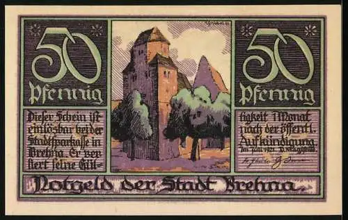 Notgeld Brehna 1921, 50 Pfennig, Martin Luther und Katharina von Bora, violett-grün, Turm und Landschaft