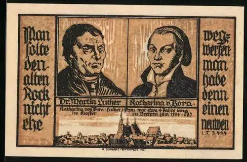 Notgeld Trebsen 1921, 50 Pfennig, Martin Luther und Katharina von Bora, Stadtansicht und Turm