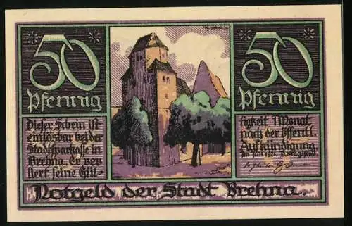 Notgeld Trebsen 1921, 50 Pfennig, Martin Luther und Katharina von Bora, Stadtansicht und Turm