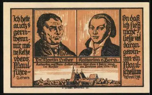 Notgeld Brehna, 1921, 50 Pfennig, Abbildung eines Turms und Porträts von Martin Luther und Katharina von Bora