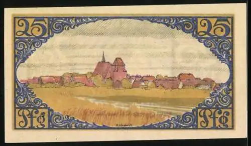 Notgeld Brehna 1921, 25 Pfennig, Grafschaft Brehna mit Stadtansicht und Wappen, umlaufend Text und Vogelmotiv