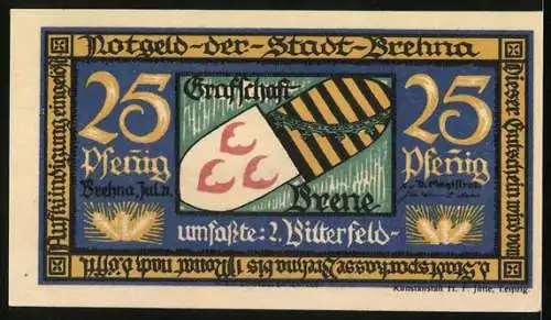 Notgeld Brehna 1921, 25 Pfennig, Stadtansicht und Wappen mit Schriftzug Grafschaft Brehna